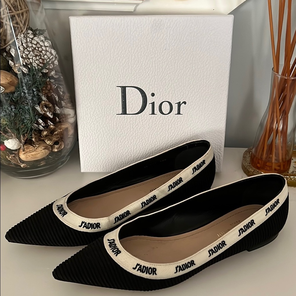 DIOR J’adior Black Embroidered Ribbon Fabric Ballerina Flats size 38 1/2